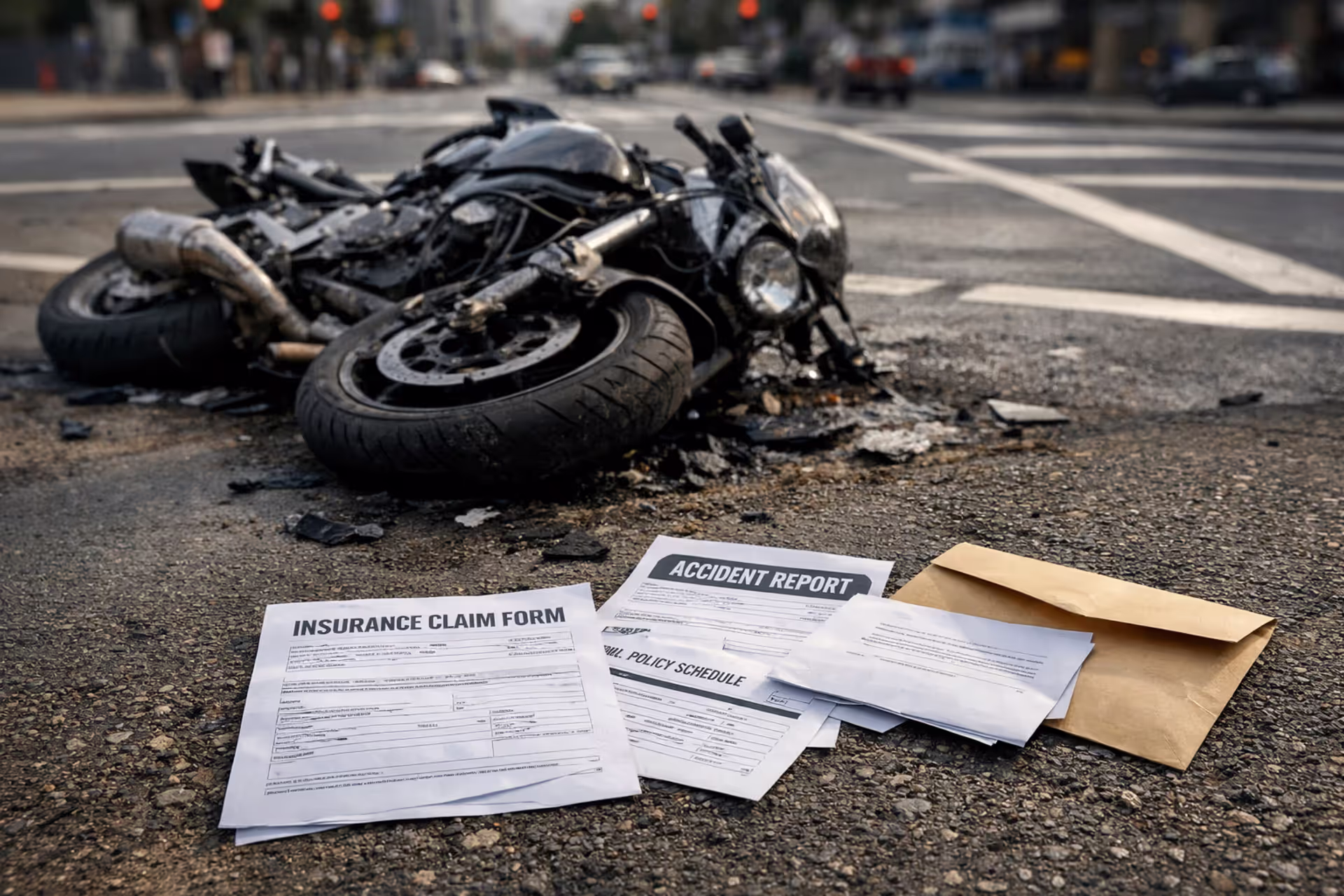 Damaged motorcycle lying on asphalt road next to scattered insurance documents and denial letter envelope at urban intersection