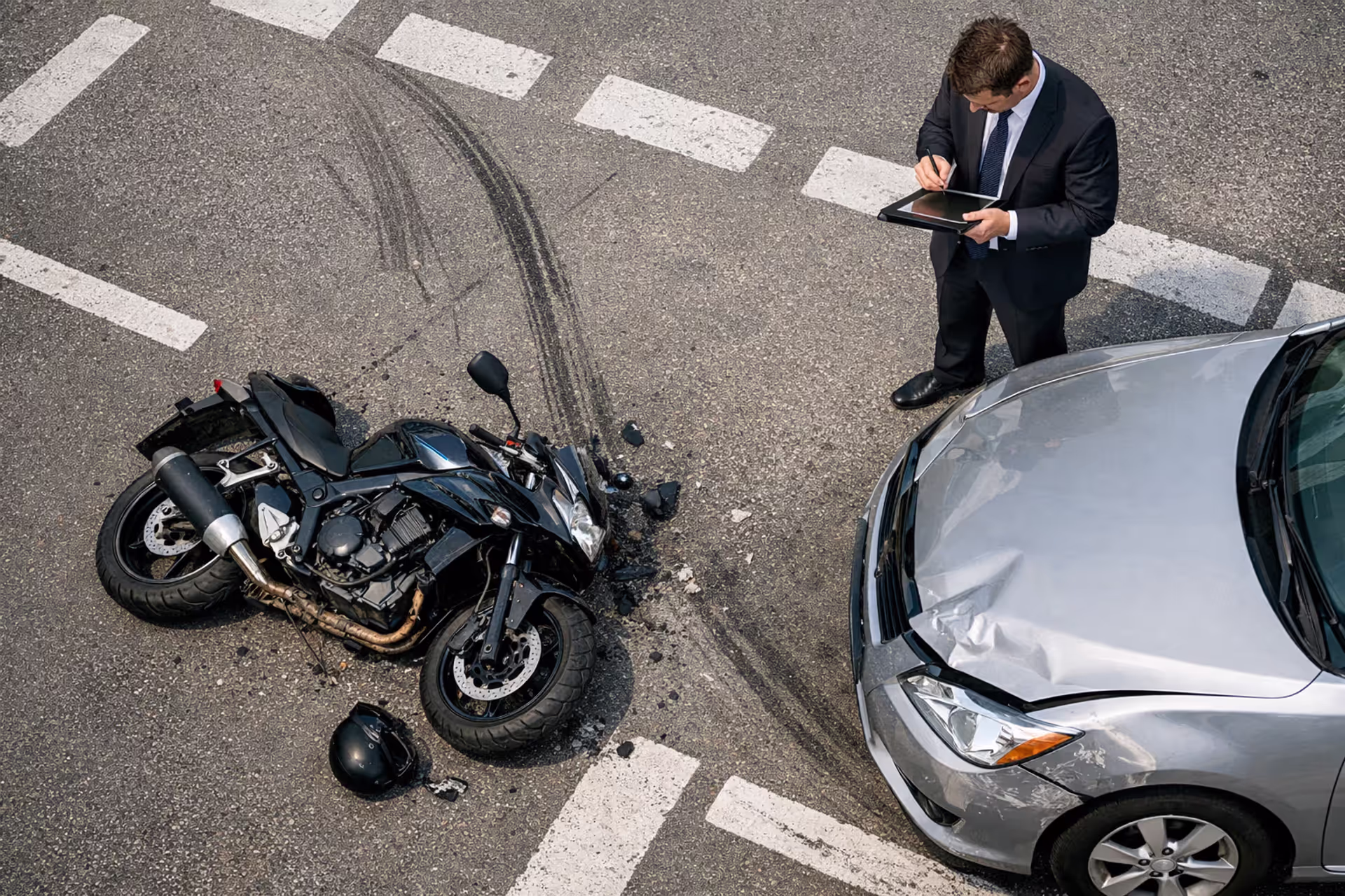 Insurance adjuster inspecting a motorcycle accident scene at a city intersection with a fallen motorcycle and damaged car on the road