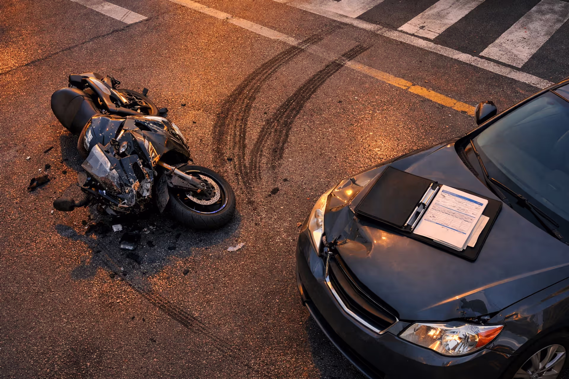Damaged motorcycle and car at urban intersection with insurance claim documents on the hood