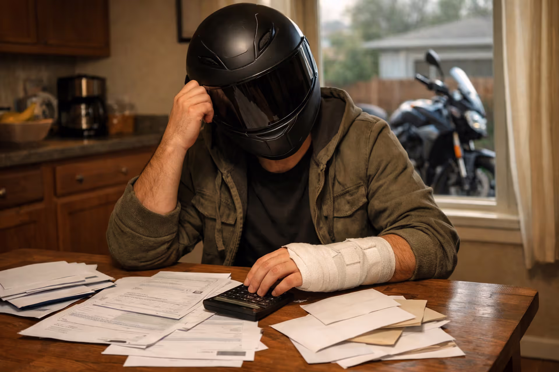 Injured motorcycle rider sitting at kitchen table reviewing medical bills and financial documents with a bandaged arm and a motorcycle visible through the window