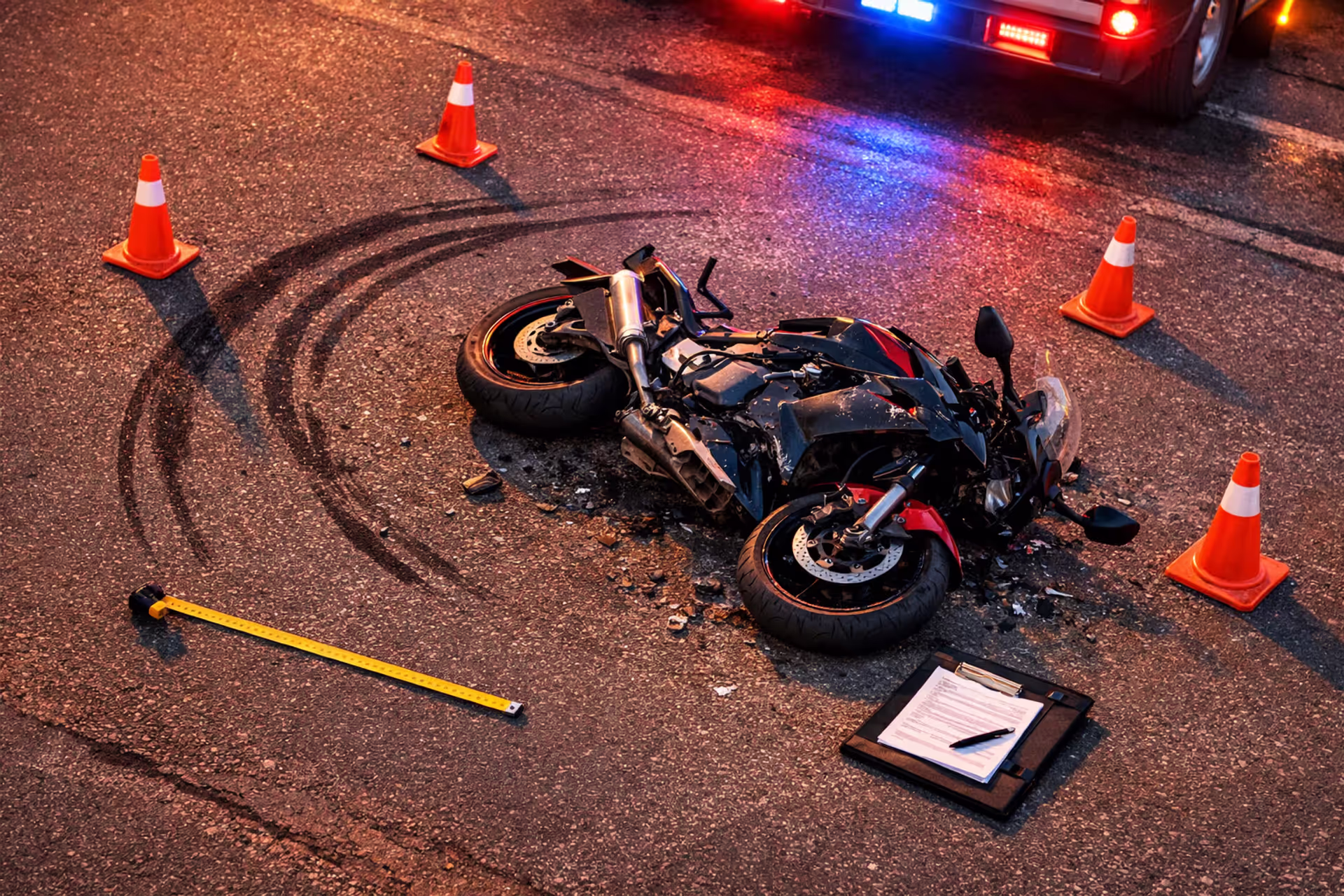 Aerial view of motorcycle accident scene with damaged motorcycle on road, skid marks, orange traffic cones, and measuring tape for forensic investigation