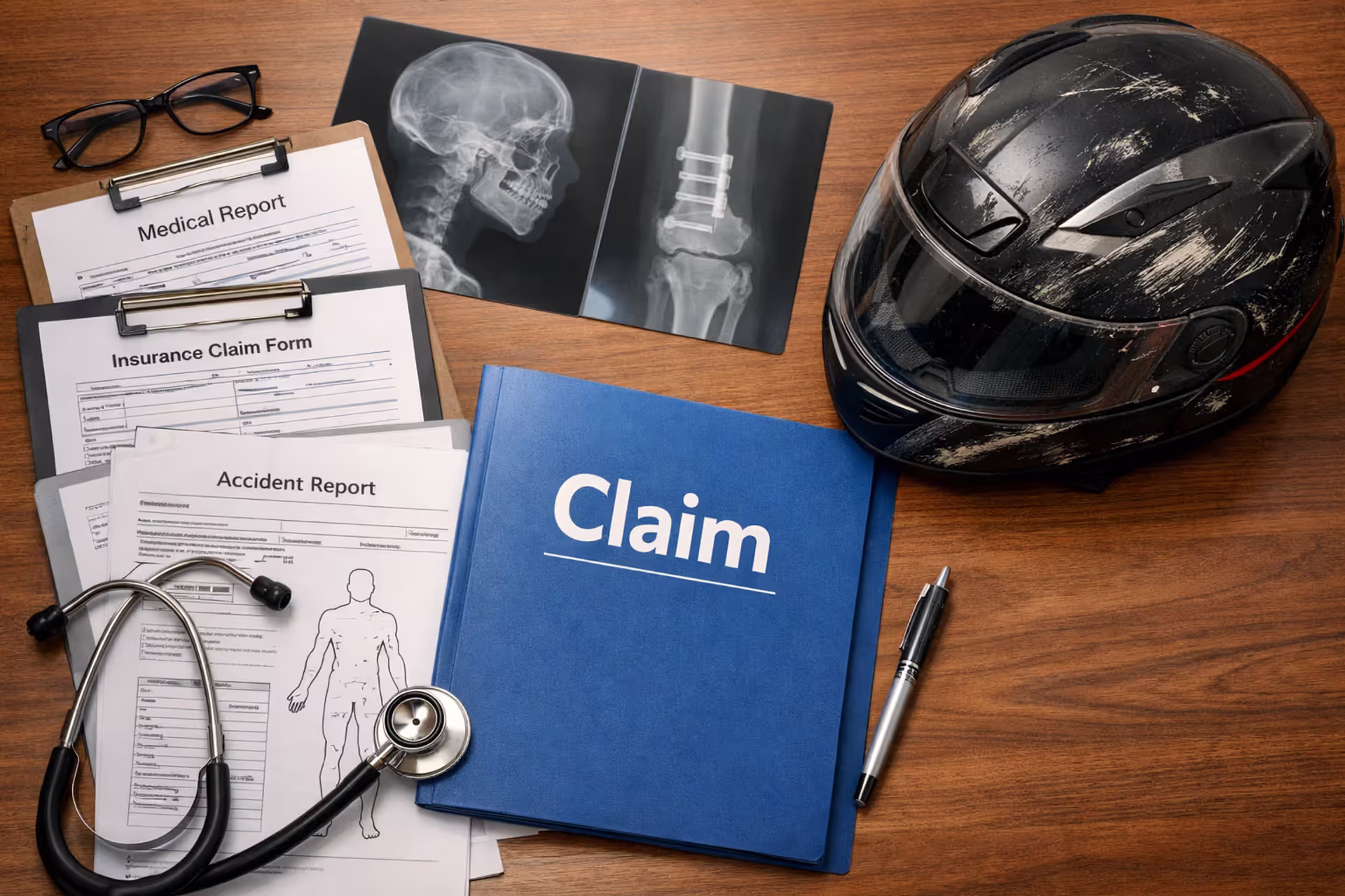 Motorcycle helmet with scratches next to medical records, X-ray images, stethoscope, and a claim folder on an office desk