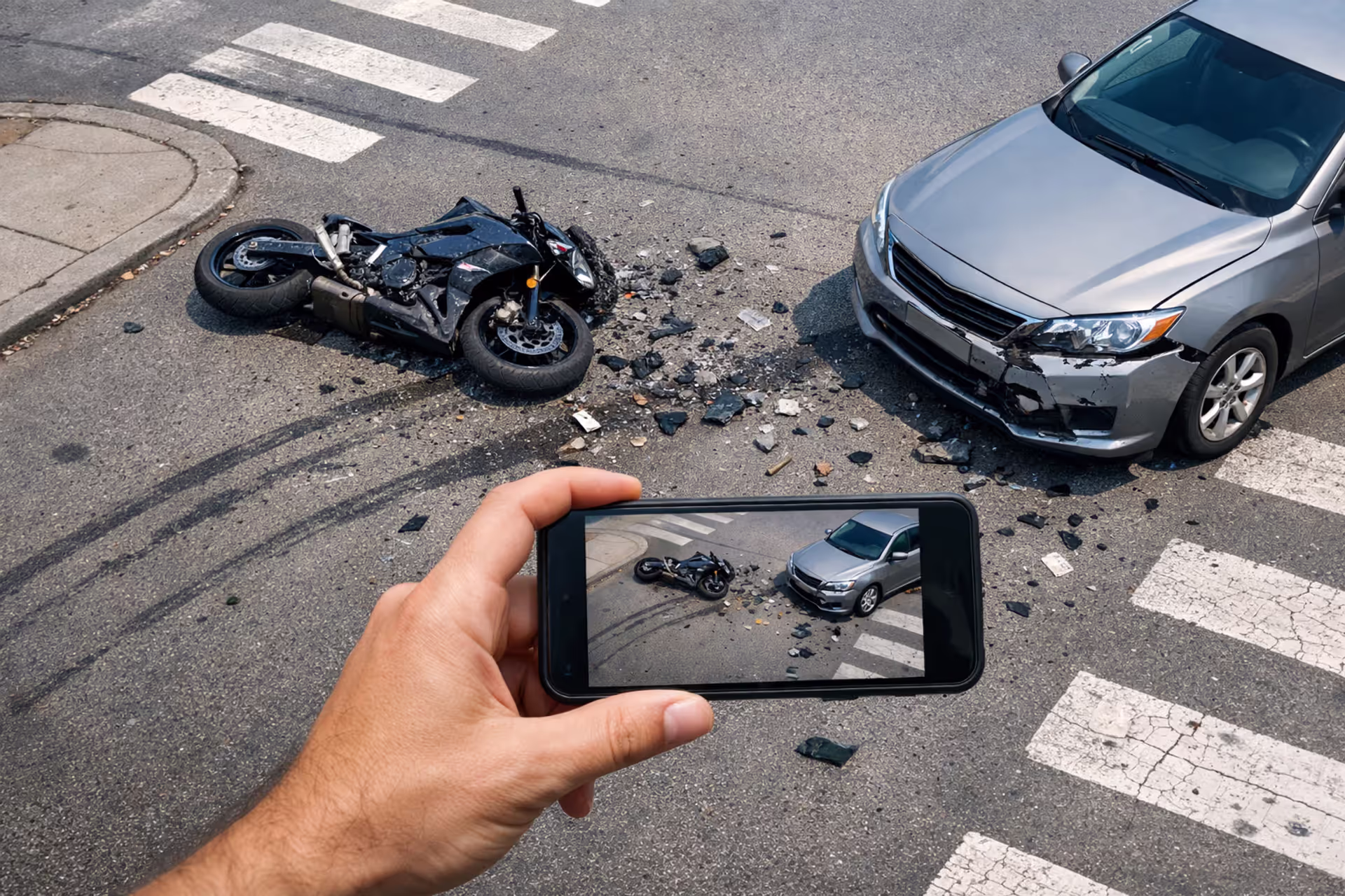 Motorcycle accident scene at urban intersection with rider using smartphone to photograph crashed bike and damaged car