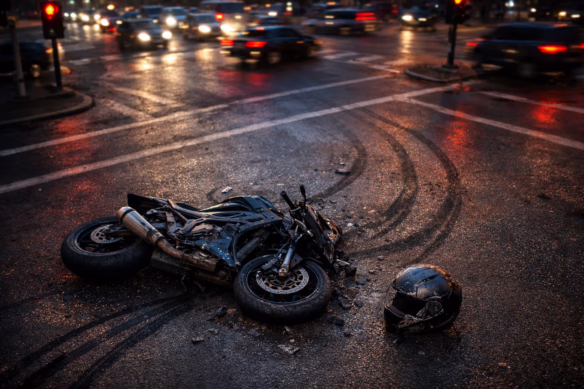 Crashed motorcycle lying on its side on urban road at dusk with cracked helmet nearby and tire skid marks on asphalt