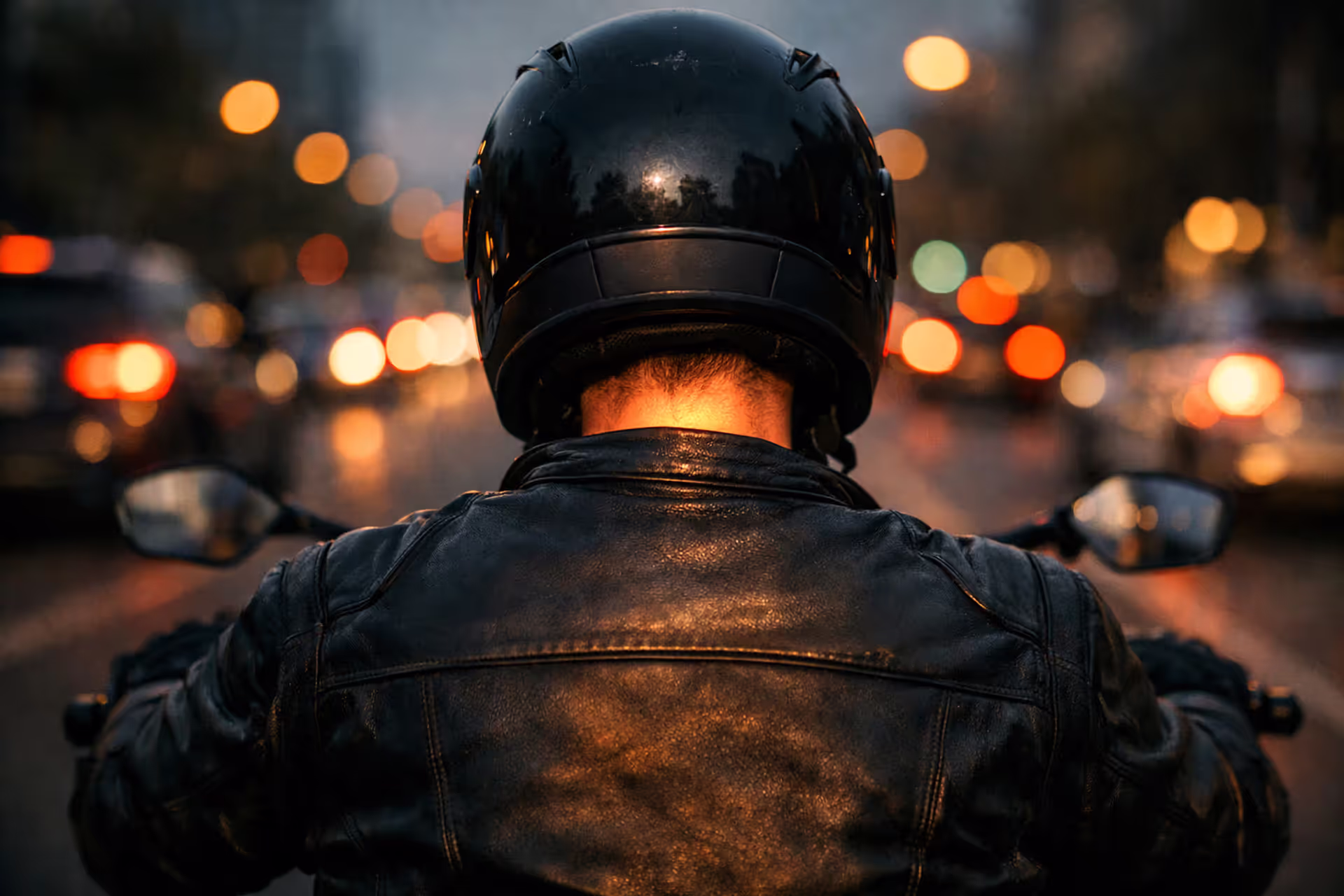 Motorcyclist riding on urban road at dusk with focus on exposed neck area between helmet and leather jacket highlighting vulnerability