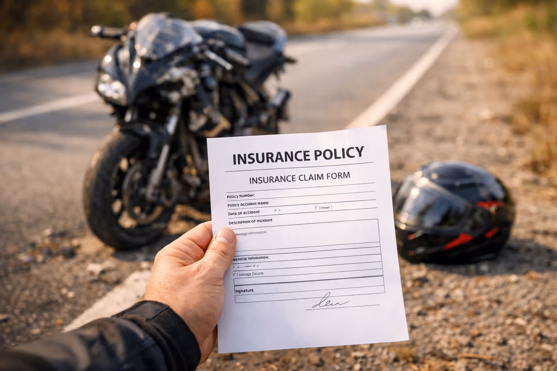Damaged motorcycle on roadside with rider holding insurance policy document