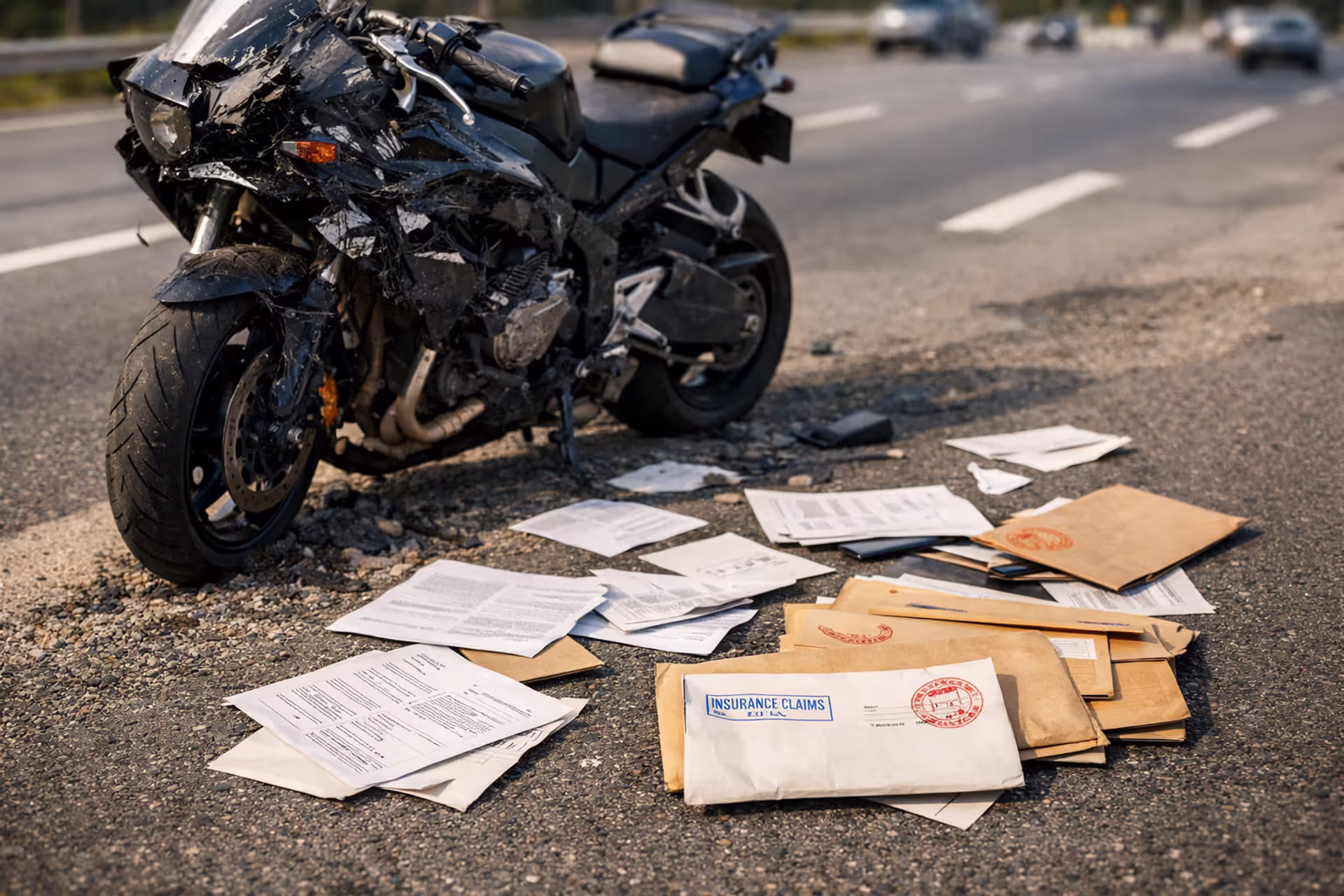 Damaged motorcycle on roadside after accident with scattered insurance documents on asphalt